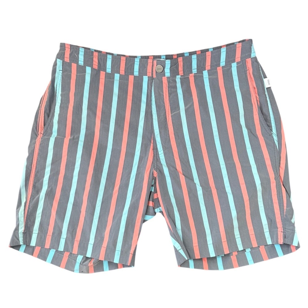 Onia Calder Swim Trunks Mens XL Gray Pink Blue Striped Board Shorts hybrid Spain